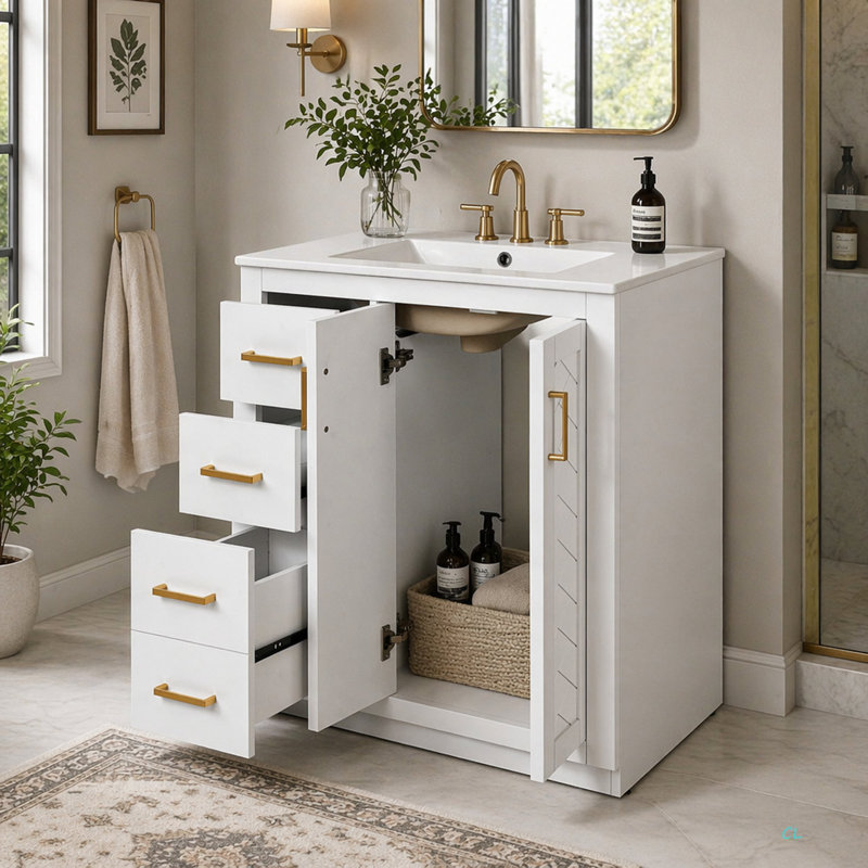 Ensemble de meuble-lavabo 30 po avec lavabo en céramique, armoire de rangement en bois massif, ensemble de meuble-lavabo autoportant avec 3 tiroirs et portes à fermeture douce