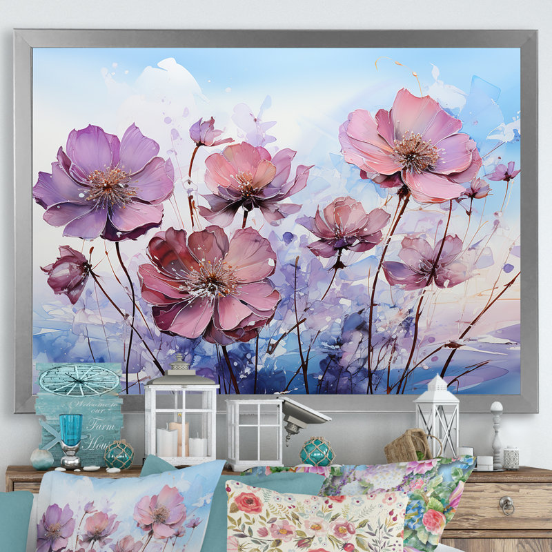Collage moderne rose et mauve coquelicots, Cadre simple argenté, H 24 po x l 32 po x P 1 po