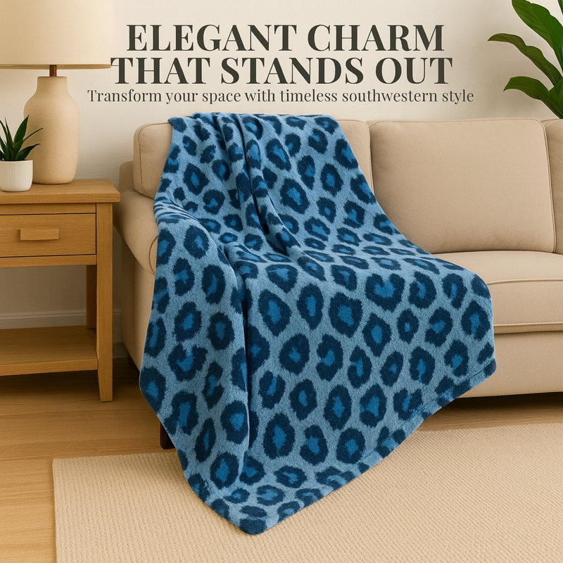 Silky Floral Plush Blanket, Korean Mink Style, Heavy 5lb Queen Blanket, Blue Leopard