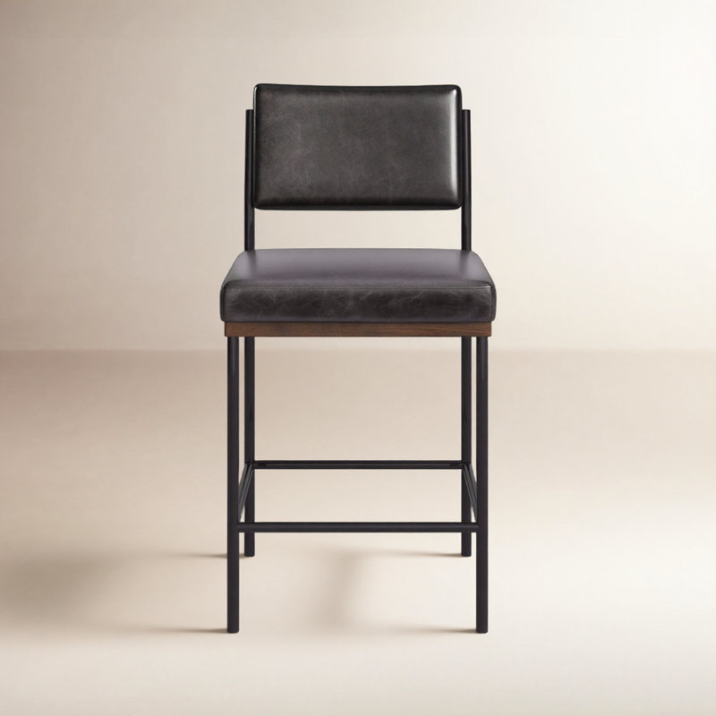Popovich Upholstered Counter Stool with Metal Frame, Sonoma Black/Genuine Leather, Counter Stool (26.42" Seat Height)