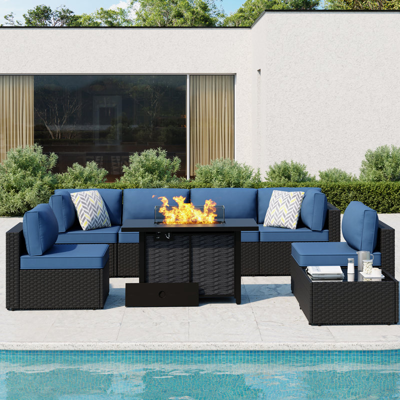 Emanie 6-Person Wicker Outdoor Seating Group with Cushions and Fire Pit, Black, Navy Blue
