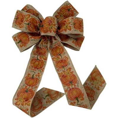 Couronne de citrouilles d'automne avec nœud - 25 cm de large, 45 cm de long, décoration automnale, orange, beige, pailleté, Halloween, Thanksgiving, guirlande, décoration champêtre, décoration de porte d'entrée