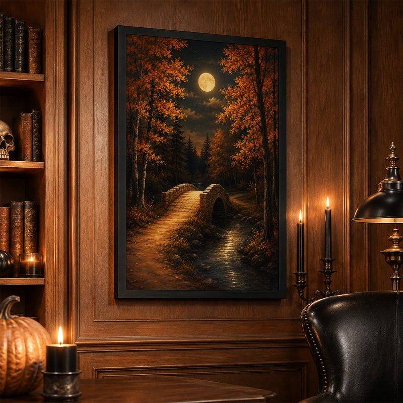 «Stone Bridge Over Stream Moonlit Autumn Forest», art mural sur toile, H 18 po x l 12 po