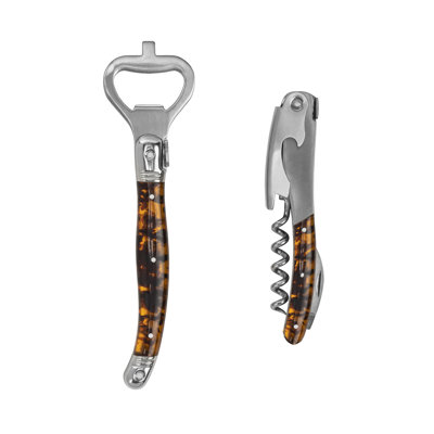 French Home Laguiole Barware Bottle Opener & Corkscrew Set With Tortoise Shell Handles