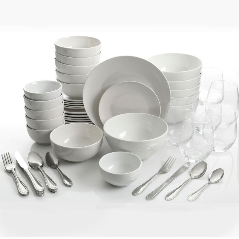 All U Need 60-Piece White Ceramic Dinnerware Set with Silver Flatware