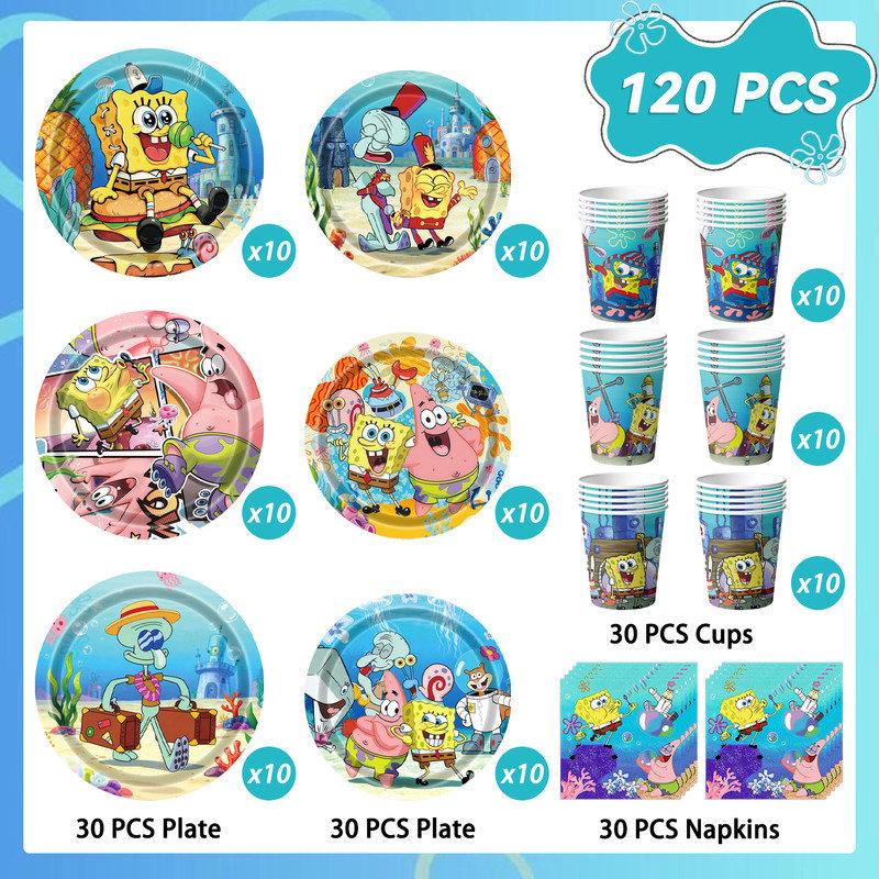120Pcs SpongeBob SquarePants Birthday Party Decorations Tableware Set