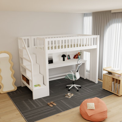 White Wood Twin Size Loft Bed With Movable Desk