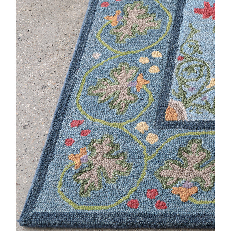 Alpenrose Hand-Tufted Wool Loop Pile Indoor Rug Traditional Bordered Blue , Runner 2'6" x 8'