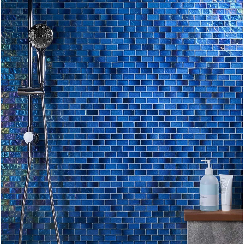 Splash 1X2 Polished Glass Mosaic Tile, Lagoon Blue