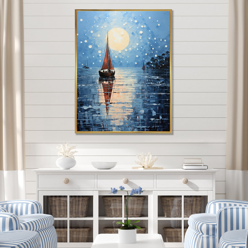Bateau, voile, reflets, IV, bateau côtier, art mural, salon, H 44 po x l 34 po x P 1,5 po, Cadre flottant doré