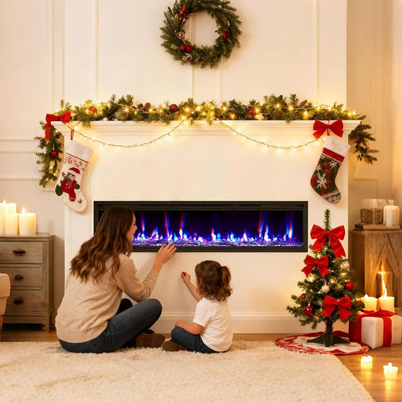 Ultra-Thin Electric Fireplace, Wall Mounted Or Recessed, 750W/1500W Heater, 18.31" H x 42" W x 7.28" D