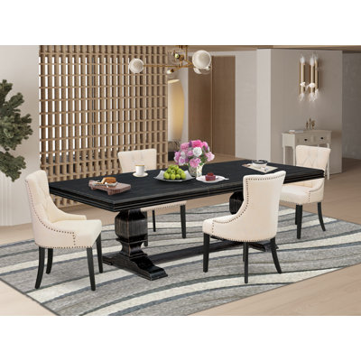 Dining set consists of a dining table & Light Beige Linen Fabric kitchen chairs & black legs with Button Tufted Back - Sand Blasting Black finish. by Red Barrel Studio