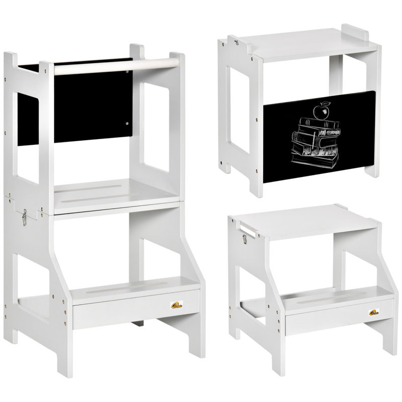Escabeau de cuisine pour enfants, ensemble de table de cuisine 2 en 1 pour tout-petit, tour debout avec tableau noir, barrière de sécurité