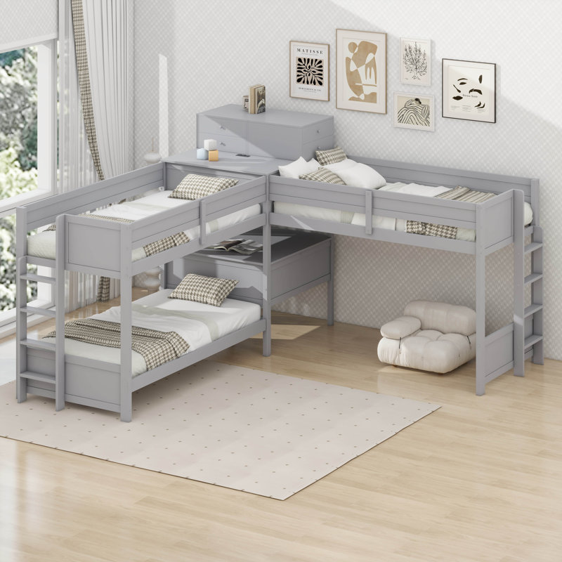 Lit superposé triple en L avec tiroirs, lit superposé simple en bois avec bureau, Gris