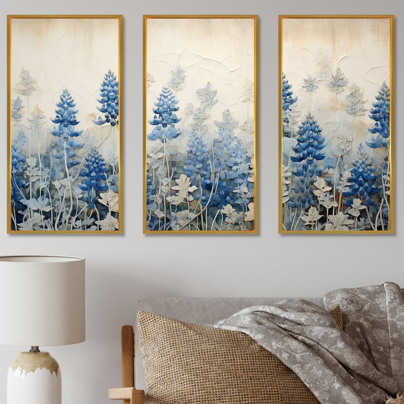 Elegant Blue And Beige Bonnets Meadow - Blue Bonnets Canvas Art Set, 28" H x 36" W x 1" D, Gold Floater Framed