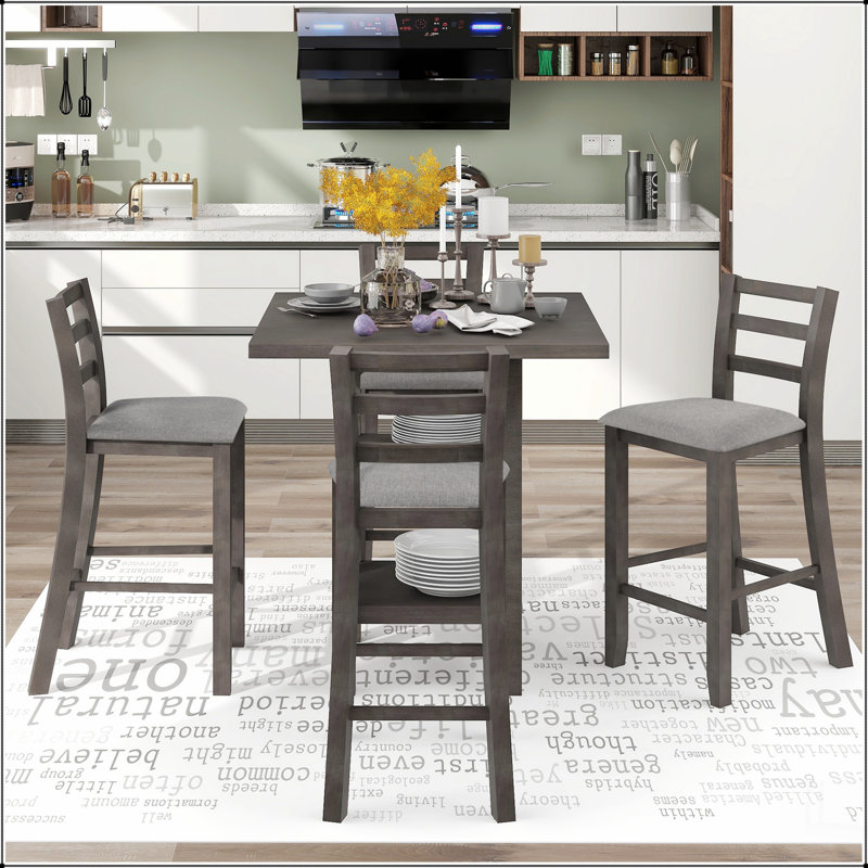 Ensemble de salle à manger 5 pièces à hauteur de comptoir en bois avec chaises rembourrées et étagères de rangement, Gris