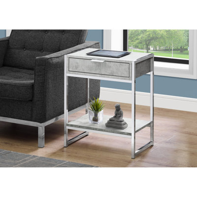 Table d'appoint grise avec un tiroir de rangement abondant et une tablette inférieure ouverte, une base en métal pour le salon, une construction moderne, un plateau latéral en stratifié, une tablette de présentation