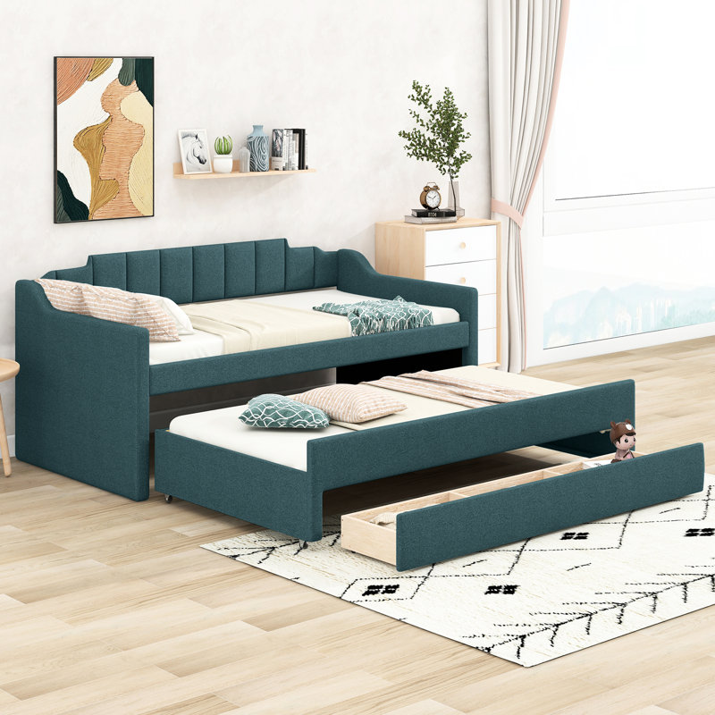 Twin Daybed With Drawers And Trundle For A Space Office Upholstered In Drawer Efficiency, Pine Wood, Green