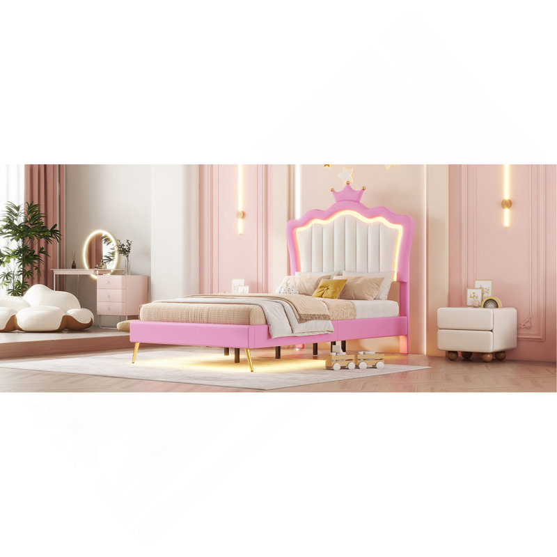Structure de lit simple tapissier avec lumières à DEL, lit princesse rembourré moderne avec tête de lit couronne, rose et blanc