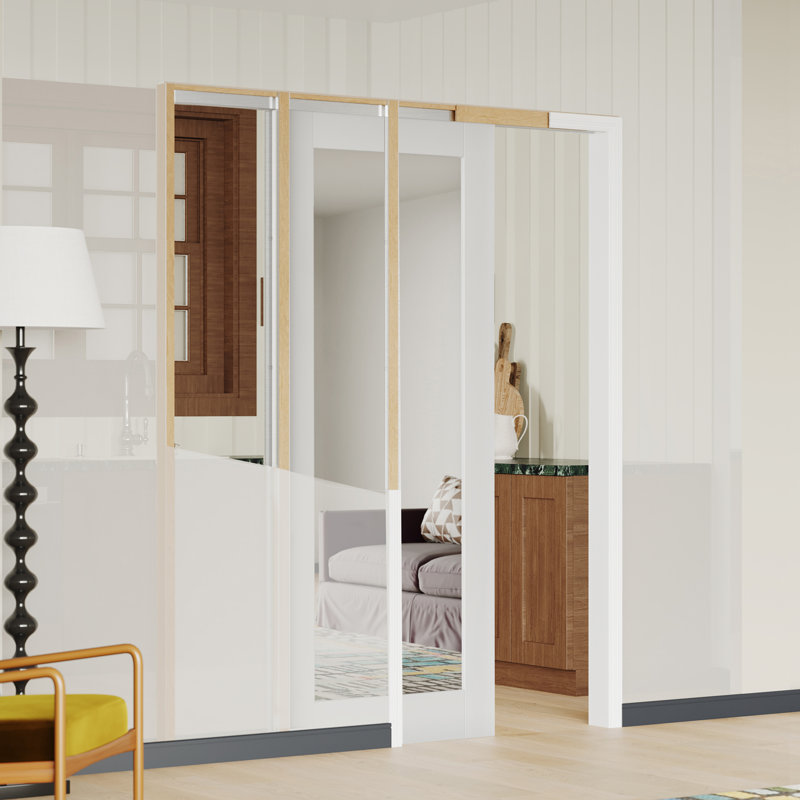 Ensemble de cadre de porte à gousset pour murs à montants 2 x 4 - Système de quincaillerie coulissante à fermeture en douceur avec porte de miroir blanche 1-Lite incluse