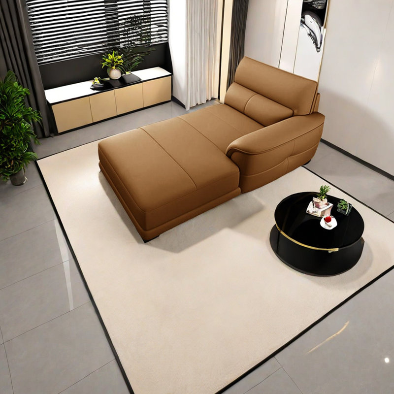 Chaise longue inclinable en similicuir de style simple et moderne, Accoudoir à gauche (vu de face), Fauve