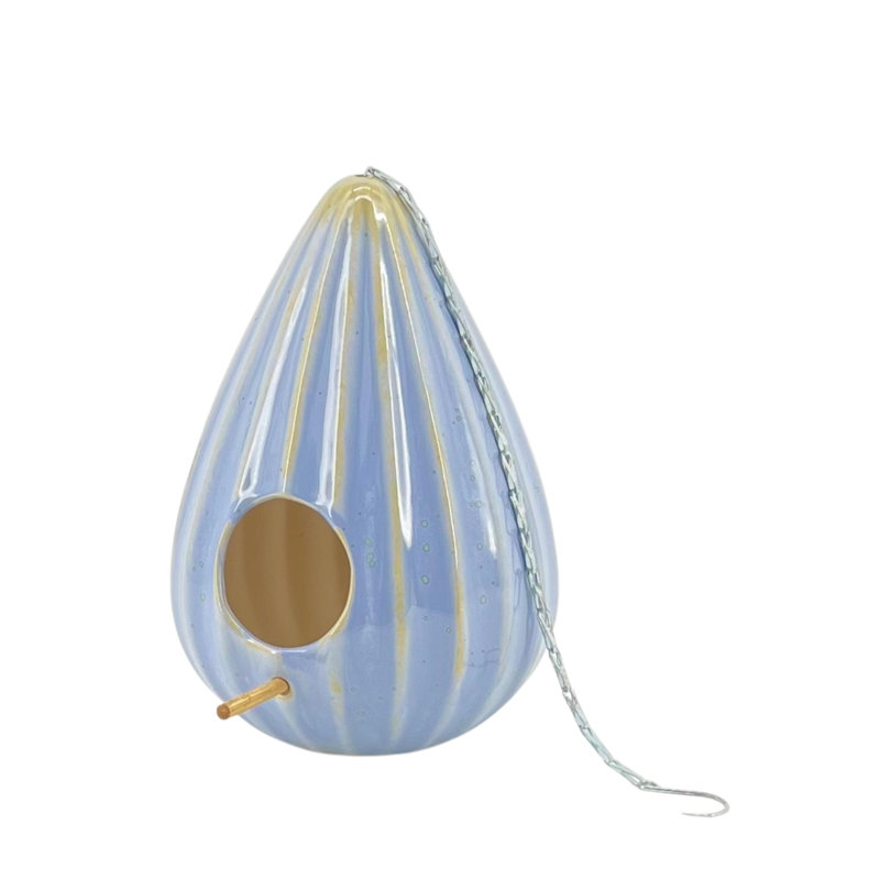 Reactive Blue Ceramic Teardrop Ruffled Hanging Birdhouse