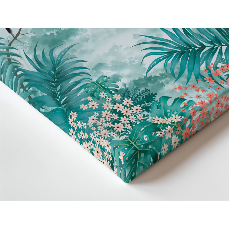 Toile, paysage tropical serein avec verdure luxuriante et flore vibrante, art mural avec deux oiseaux élégamment posés