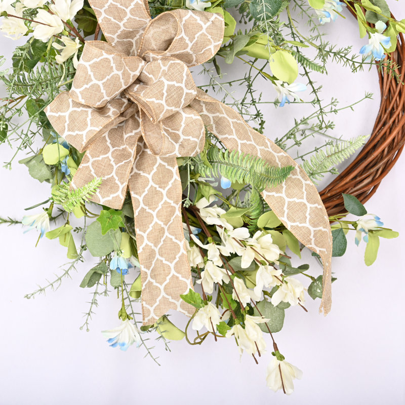 24" Spring Summer Floral Forsythia Bow Wreath for Front Door, Brown/Green/White