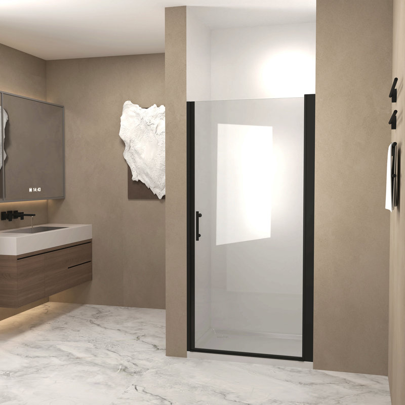 Porte de douche pivotante 28 po x 72 po, cadre en aluminium noir mat, demi-cadre, film en verre trempé anti-déflagrant de 1/4 po (6 mm), poignée en acier inoxydable