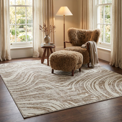 Rug Branch Nagisa 7' x 10' (6'7" x 9'6") Beige/Brown Abstract Indoor Area Rug, Modern, Medium Pile, Stain-Resistant Carpet - Living Room, Bedroom, Dining Room, and Kitchen