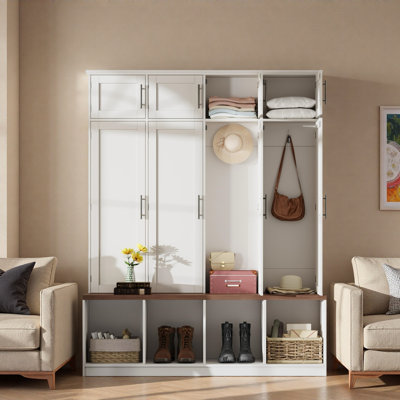 Farmhouse Hall Tree With 4 Hidden Hanging Hooks, Seating Bench, Storage Cabinet And Open Compartment