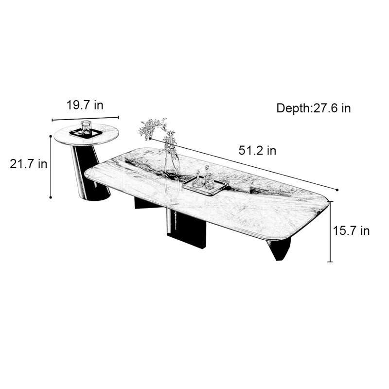 Rectangular supercrystalline stone coffee table, 15.7" H x 51.2" L x 27.6" W, Black