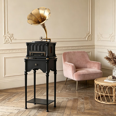 French Vintage Design Black Record Player, Solid Wood with Brass Horn, Supports Vinyl, Bluetooth, and USB Playback