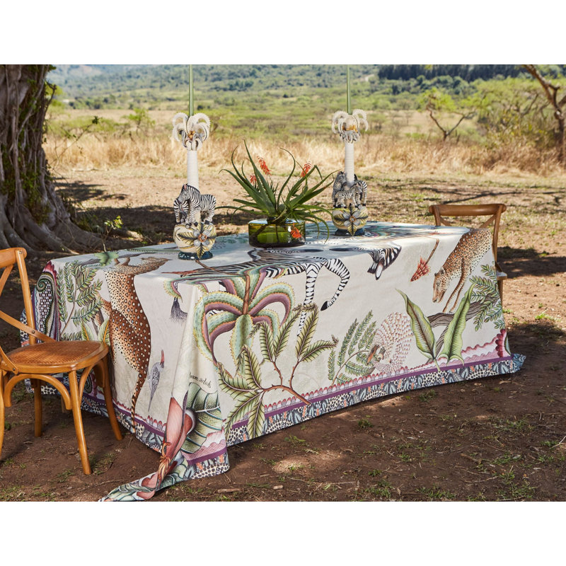 Ardmore Cotton Tablecloth, 94" Rectangle, Beige/Green