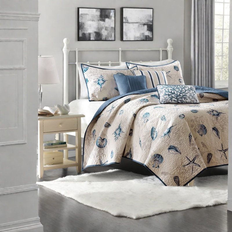 Coastal Blue Bedding Sets, Polyester Microfiber, Reversible Design For Home