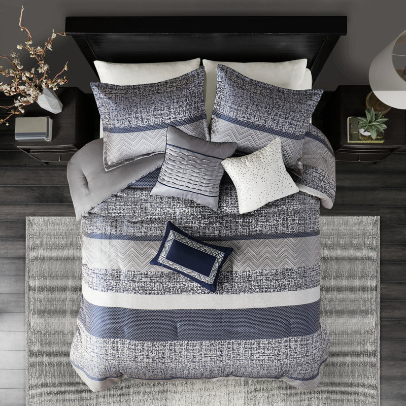 Luxury Navy Bedroom - 7 Pieces With Soft Microfiber & Decor Pillows Stylish Piece Comforter Size Accessories, Navy