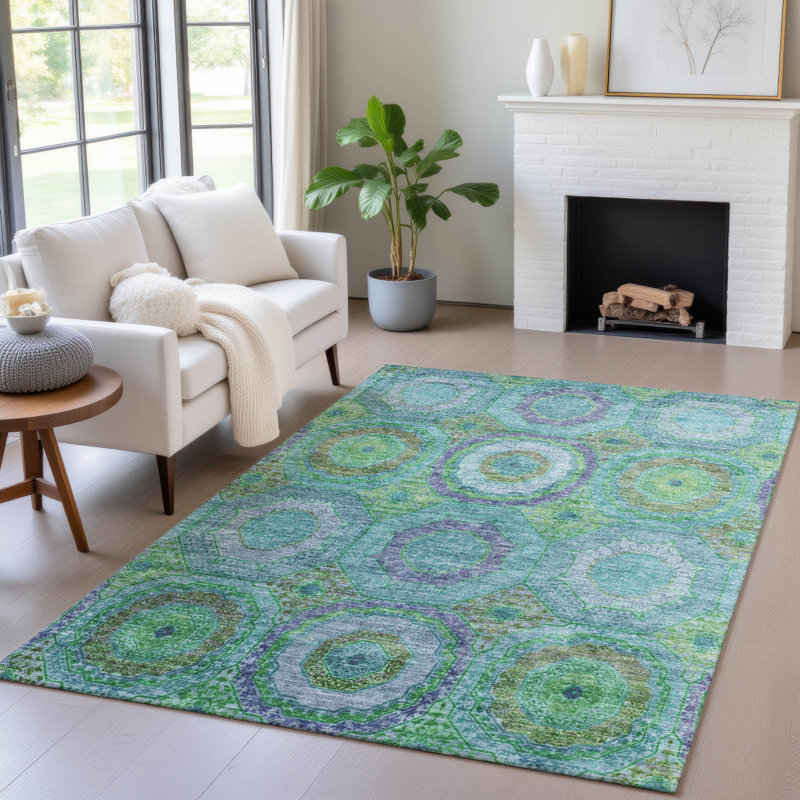 Machine Washable Indoor/Outdoor Xhevrie Teal Rug, Rectangle 10' x 14'