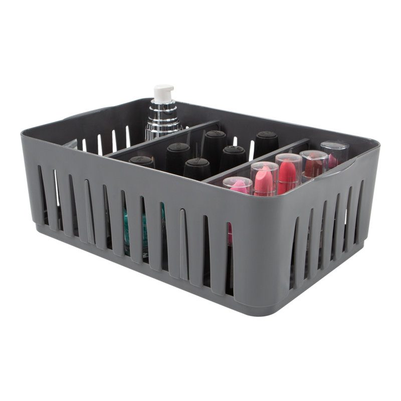 Medium Gray Plastic Stackable Organizer Bin with Adjustable Dividers