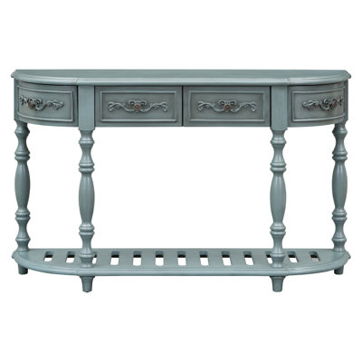 4 Drawers 1 Shelf Living Room Console Table, Antique Blue, And Solid Wood Build 52'' Curved & Shelf, Storage,
