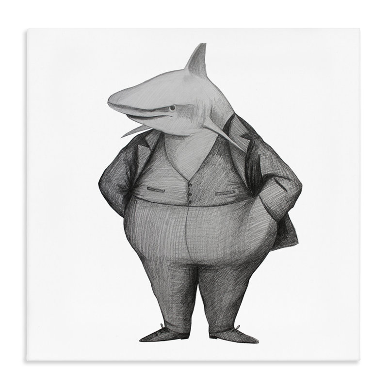 Requin en costume, toile par Violeta Vollmer, H 30 po x l 30 po