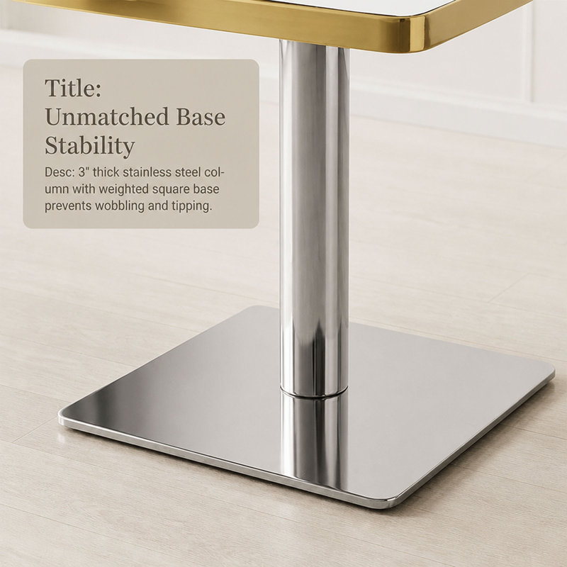 Square Faux White Marble Bistro Table, Modern Dining Table with High Gloss UV Finish & Trim, 300 lbs Heavy Duty Stainless Steel Base, Small Space Table for Home, Cafe, Office