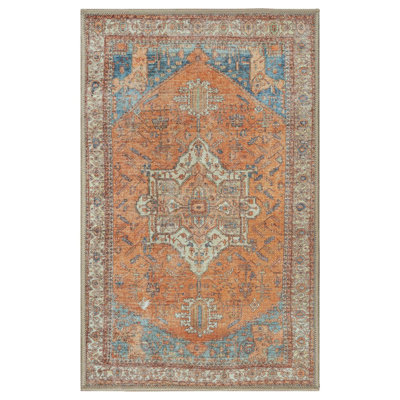 GLN Rugs Traditional Collection - Machine Washable Area Rug, Traditional Washable Rug, Non Slip Washable Rug, Low Pile Chenille Living Room Rug, Bedroom Rug, Kitchen Rug (Burnt Orange Rug)