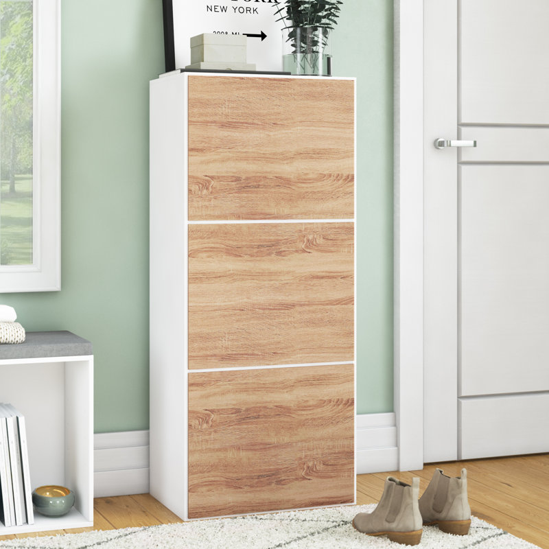 12 Pair Shoe Storage Cabinet, White/Natural Oak