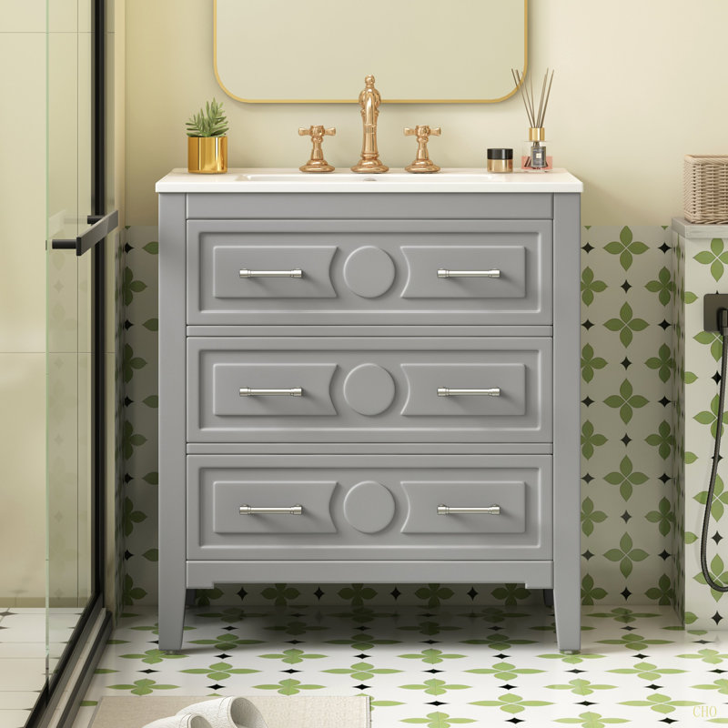 Ensemble de meuble-lavabo simple 30 po avec 3 tiroirs, meuble-lavabo autoportant avec cadre en bois massif 30 po