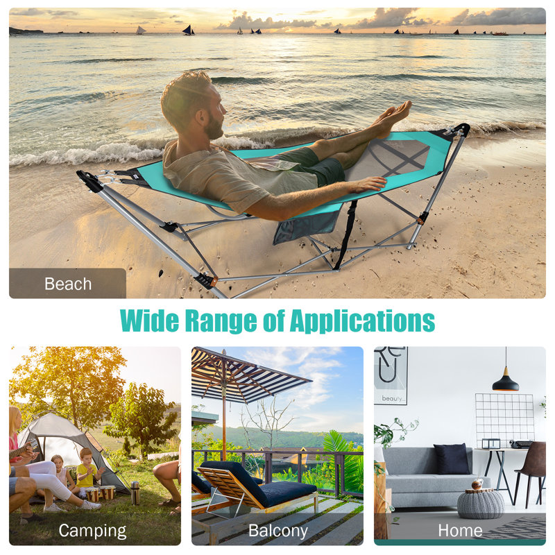 Turquoise Folding Hammock with Iron Stand and Side Pocket