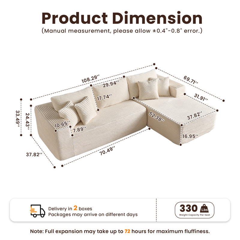 Canapé modulaire rembourré avec chaise longue en L 108 po Vivelle, Orienté à droite, Crème