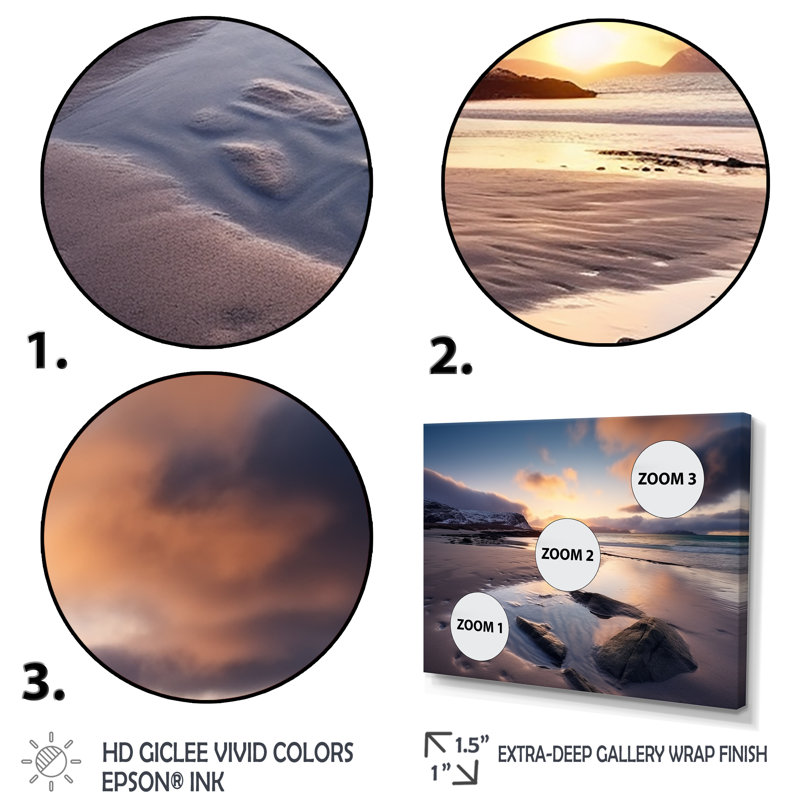 Lever de soleil sur la plage rocheuse III - art mural plage, Cadre de coin argenté fermé, H 34 po x l 44 po x P 1,5 po
