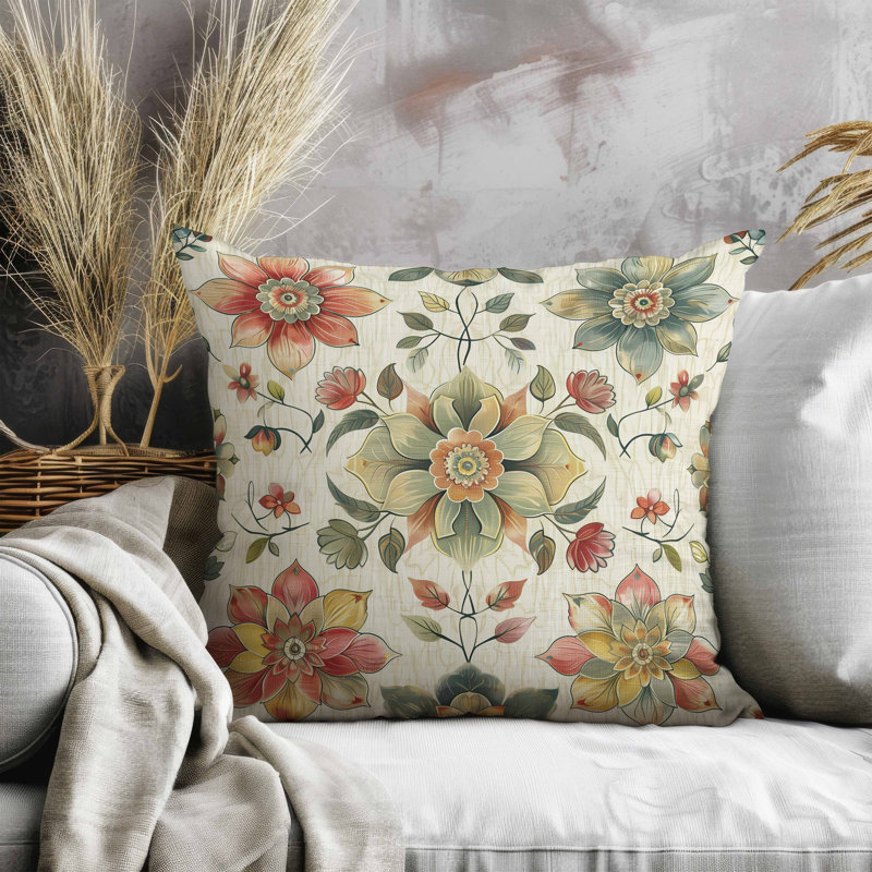 Oreiller rétro en faux suède à motif floral, Vert/rouge, Carré 18 po