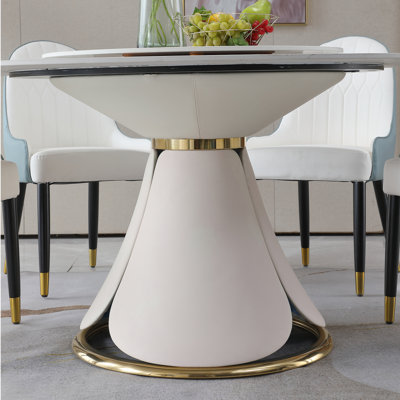Ensemble de table de salle à manger ronde pour 6 personnes, table de cuisine ronde en pierre frittée au design unique en forme de pétale, ensemble de table de salle à manger en cuir pétale et base en métal (table de 59 po avec 6 chaises brunes)