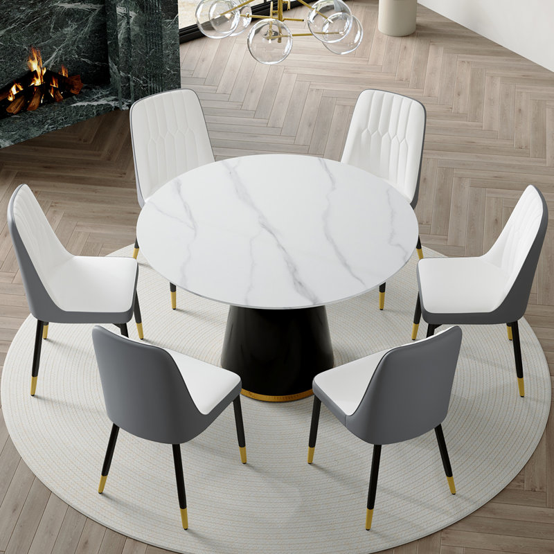 Round Dining Table Set, 7, White/Gray